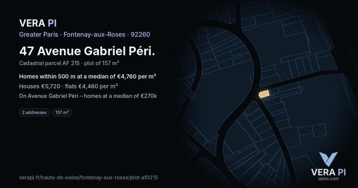 47 Avenue Gabriel Péri, Fontenay-aux-Roses at night – the plot lit, the parcels around coloured by the prices near them
