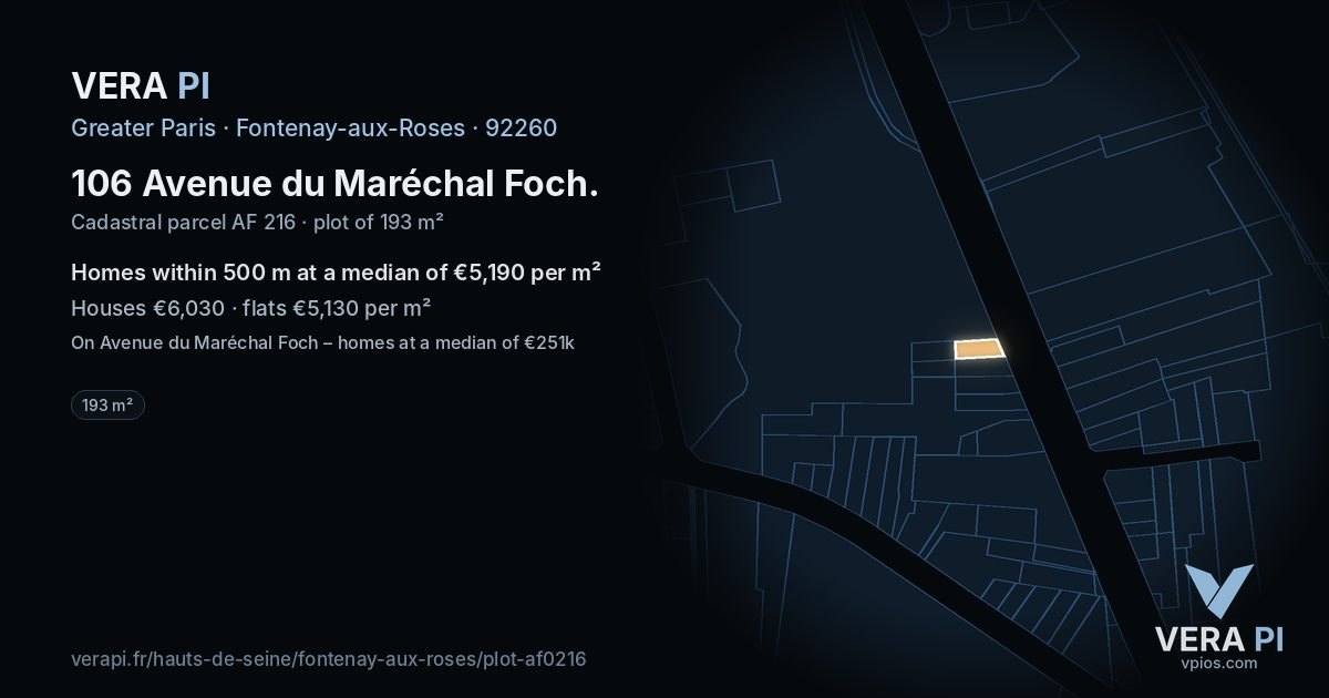 106 Avenue du Maréchal Foch, Fontenay-aux-Roses at night – the plot lit, the parcels around coloured by the prices near them