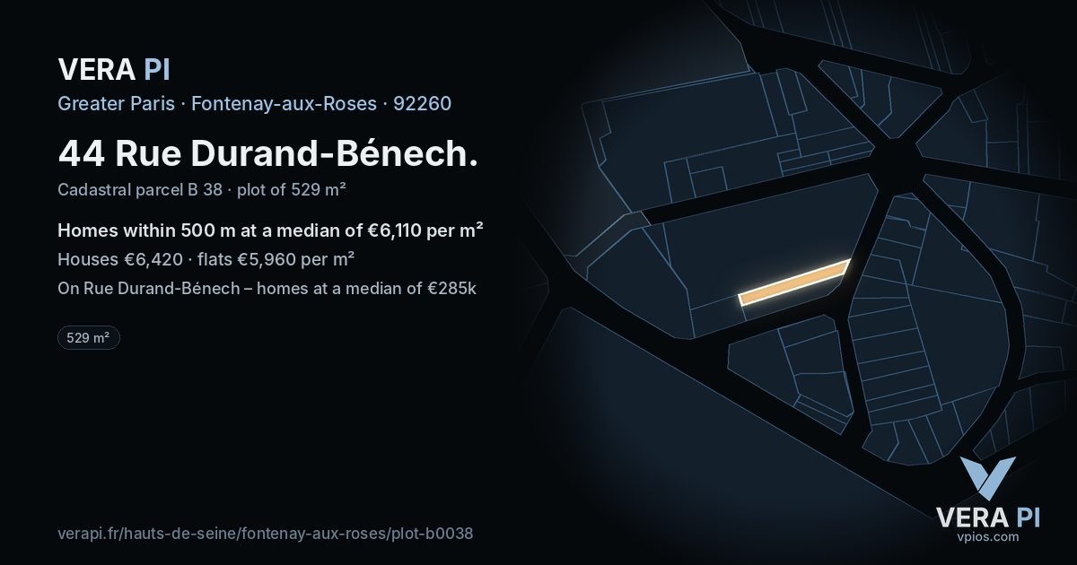 44 Rue Durand-Bénech, Fontenay-aux-Roses at night – the plot lit, the parcels around coloured by the prices near them