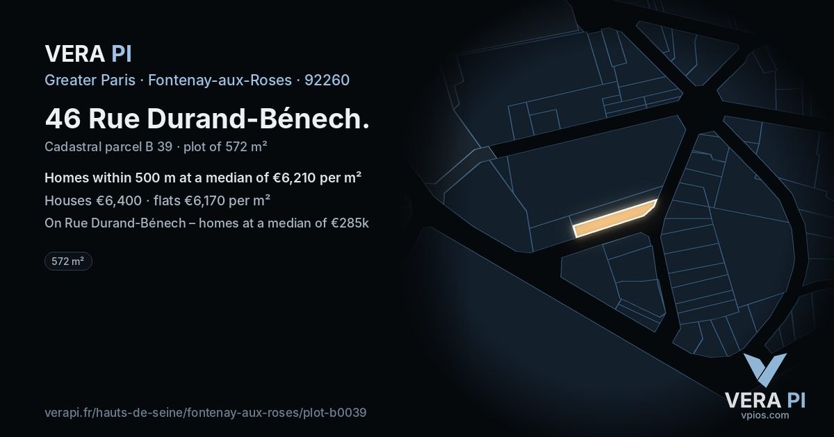 46 Rue Durand-Bénech, Fontenay-aux-Roses at night – the plot lit, the parcels around coloured by the prices near them