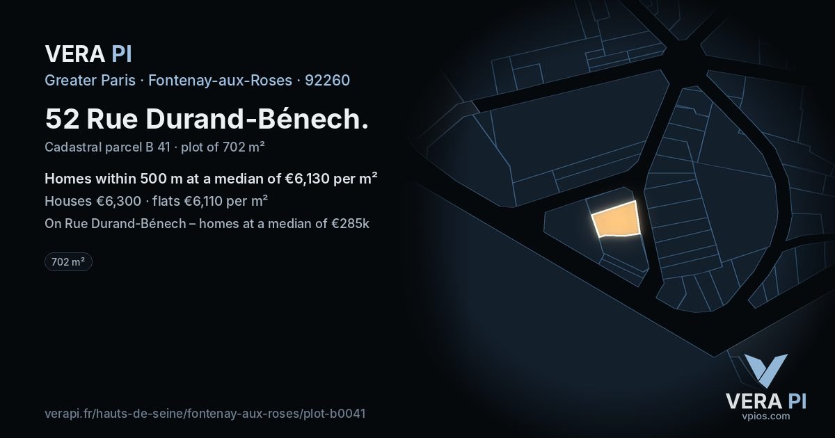 52 Rue Durand-Bénech, Fontenay-aux-Roses at night – the plot lit, the parcels around coloured by the prices near them