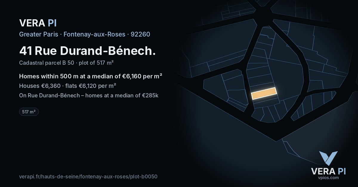 41 Rue Durand-Bénech, Fontenay-aux-Roses at night – the plot lit, the parcels around coloured by the prices near them