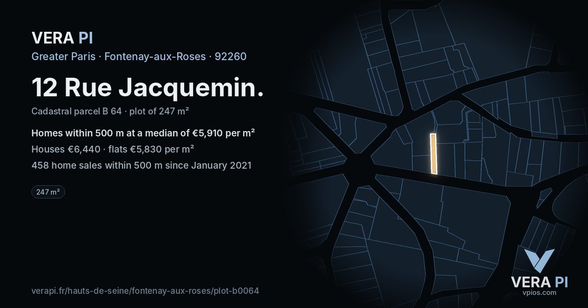 12 Rue Jacquemin, Fontenay-aux-Roses at night – the plot lit, the parcels around coloured by the prices near them