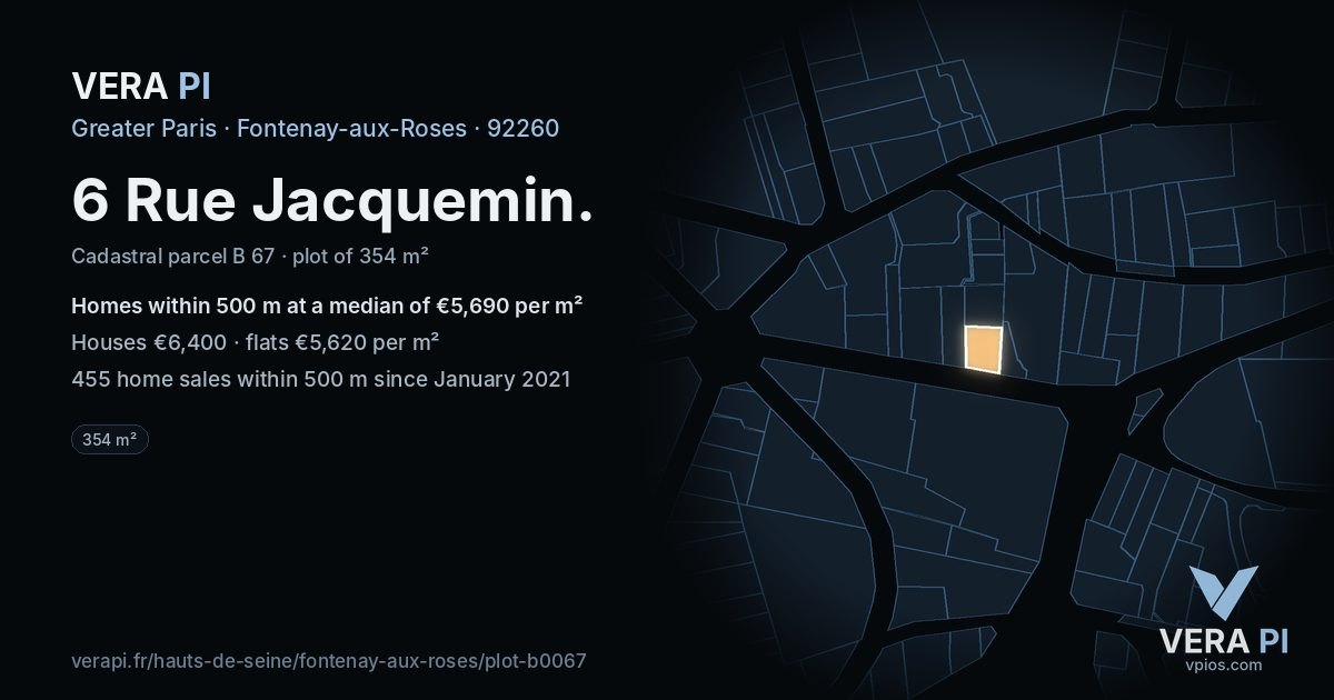 6 Rue Jacquemin, Fontenay-aux-Roses at night – the plot lit, the parcels around coloured by the prices near them