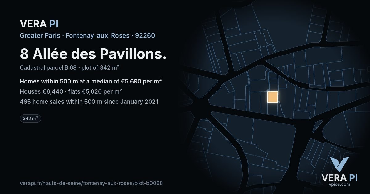 8 Allée des Pavillons, Fontenay-aux-Roses at night – the plot lit, the parcels around coloured by the prices near them