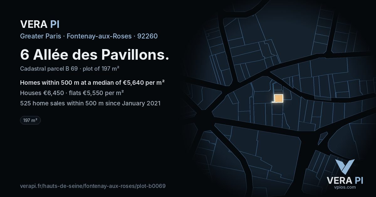 6 Allée des Pavillons, Fontenay-aux-Roses at night – the plot lit, the parcels around coloured by the prices near them