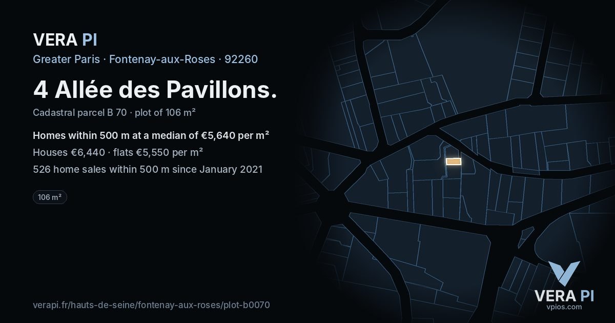 4 Allée des Pavillons, Fontenay-aux-Roses at night – the plot lit, the parcels around coloured by the prices near them