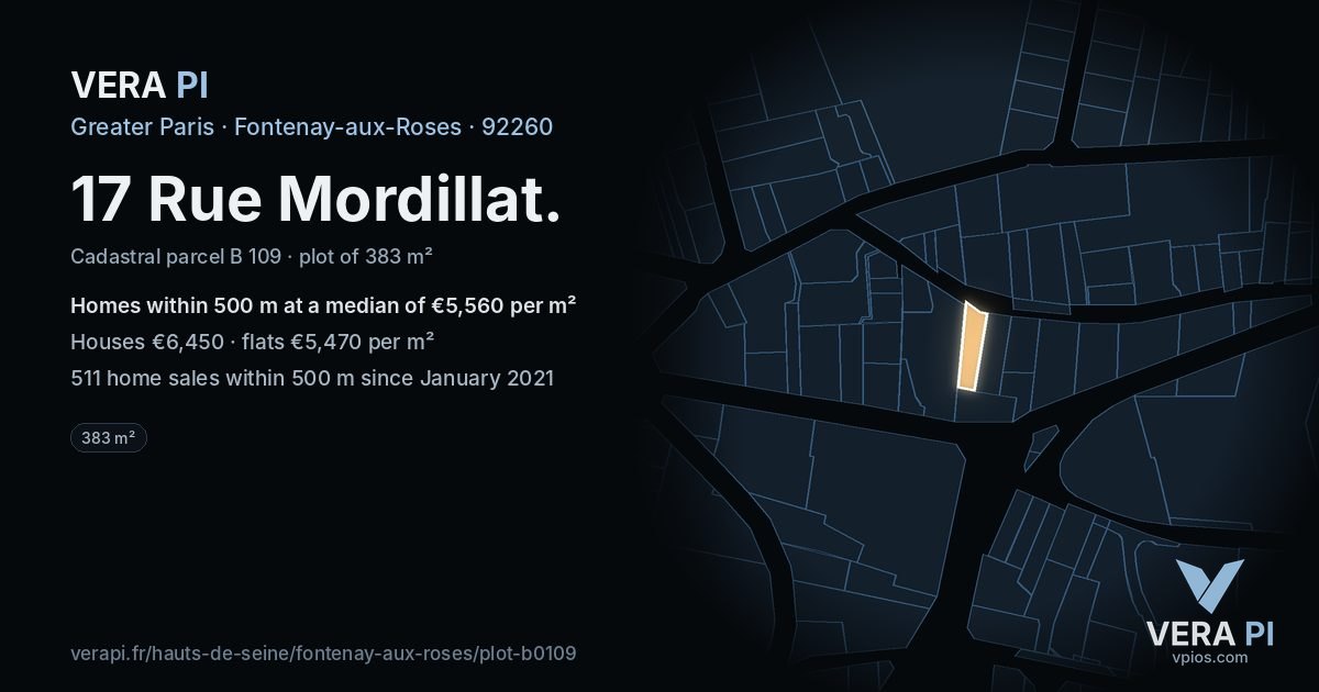 17 Rue Mordillat, Fontenay-aux-Roses at night – the plot lit, the parcels around coloured by the prices near them