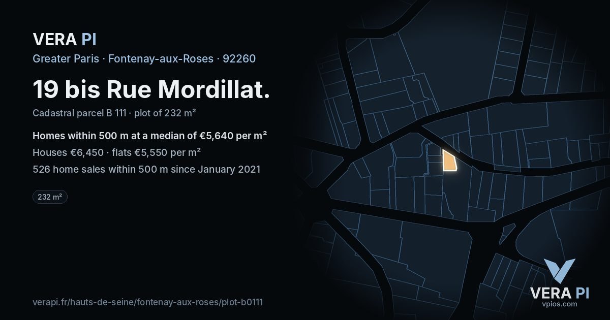 19 bis Rue Mordillat, Fontenay-aux-Roses at night – the plot lit, the parcels around coloured by the prices near them