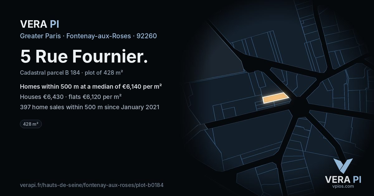 5 Rue Fournier, Fontenay-aux-Roses at night – the plot lit, the parcels around coloured by the prices near them