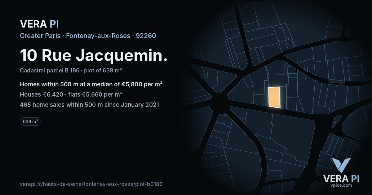10 Rue Jacquemin, Fontenay-aux-Roses at night – the plot lit, the parcels around coloured by the prices near them