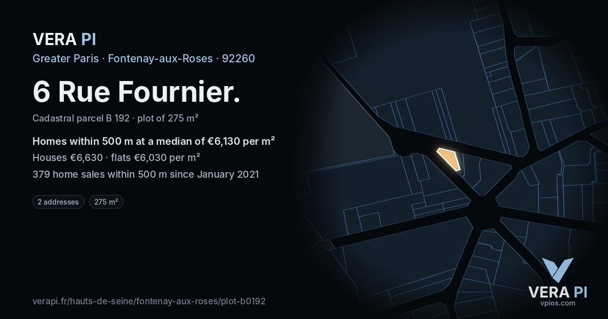 6 Rue Fournier, Fontenay-aux-Roses at night – the plot lit, the parcels around coloured by the prices near them