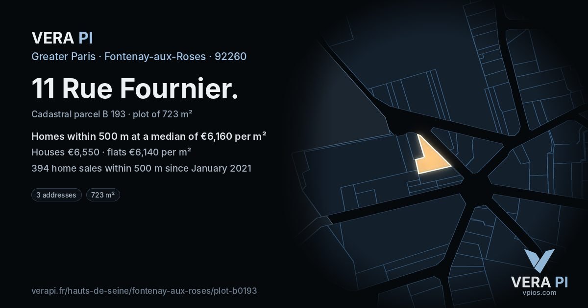 11 Rue Fournier, Fontenay-aux-Roses at night – the plot lit, the parcels around coloured by the prices near them