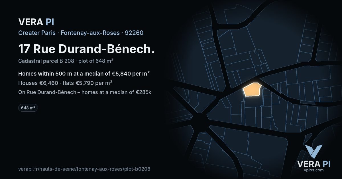 17 Rue Durand-Bénech, Fontenay-aux-Roses at night – the plot lit, the parcels around coloured by the prices near them