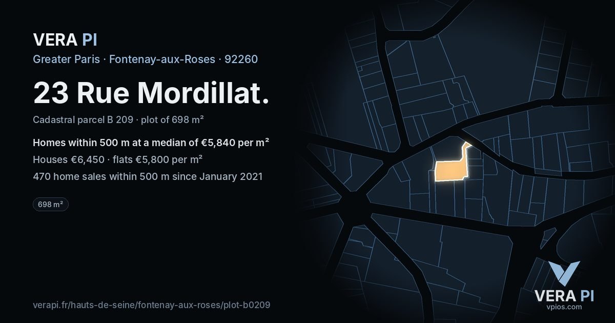23 Rue Mordillat, Fontenay-aux-Roses at night – the plot lit, the parcels around coloured by the prices near them