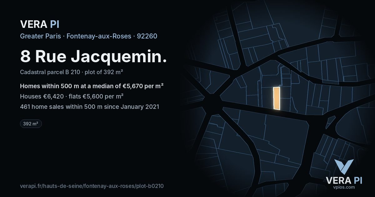 8 Rue Jacquemin, Fontenay-aux-Roses at night – the plot lit, the parcels around coloured by the prices near them
