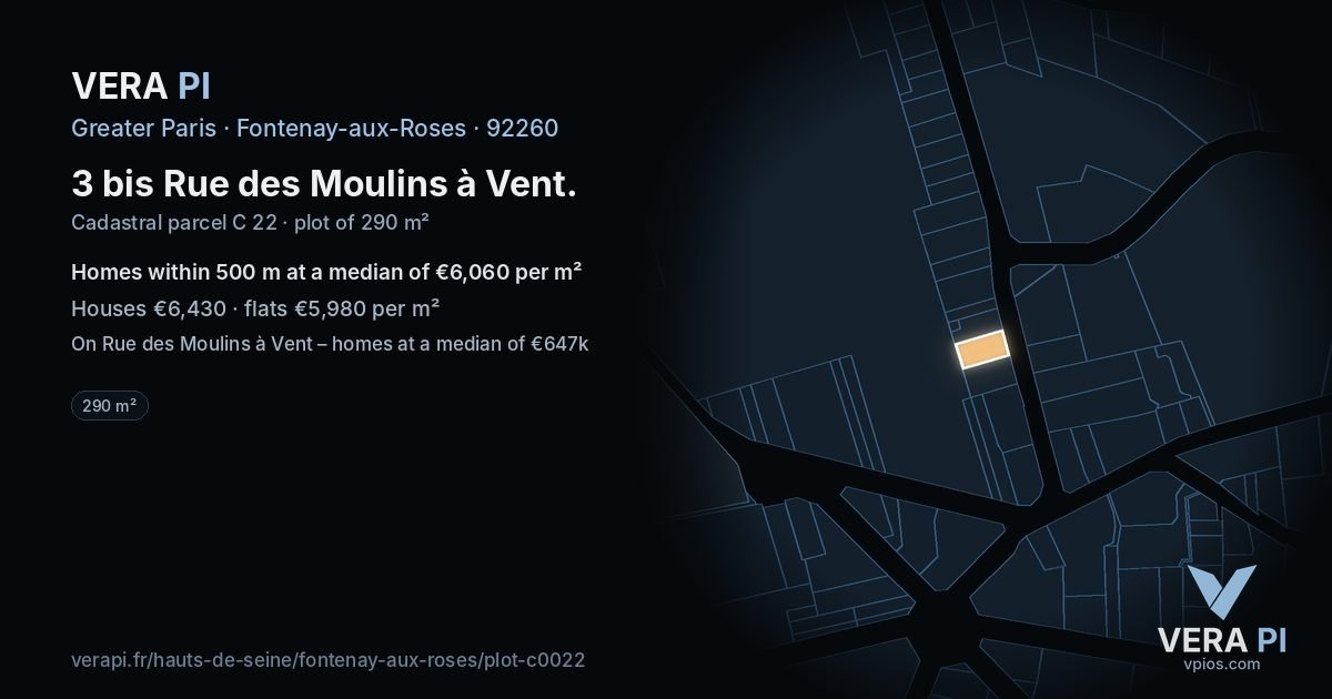 3 bis Rue des Moulins à Vent, Fontenay-aux-Roses at night – the plot lit, the parcels around coloured by the prices near them