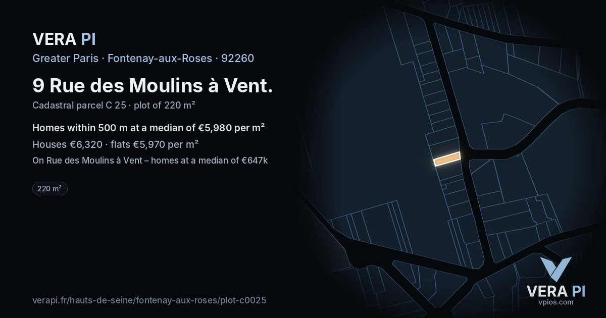 9 Rue des Moulins à Vent, Fontenay-aux-Roses at night – the plot lit, the parcels around coloured by the prices near them