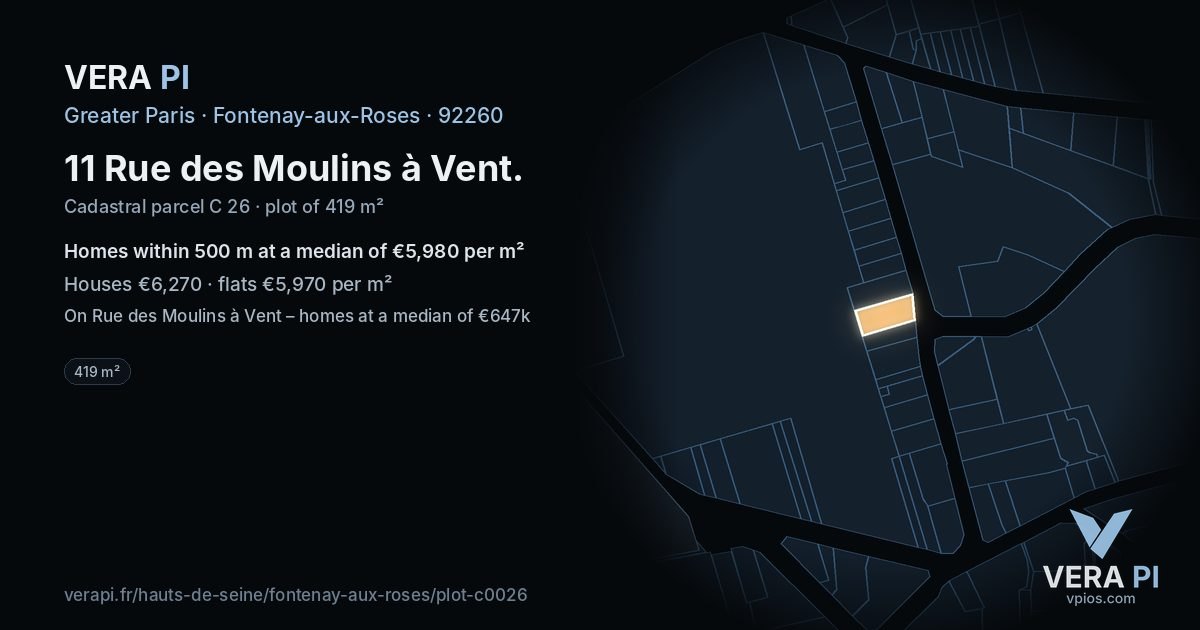 11 Rue des Moulins à Vent, Fontenay-aux-Roses at night – the plot lit, the parcels around coloured by the prices near them