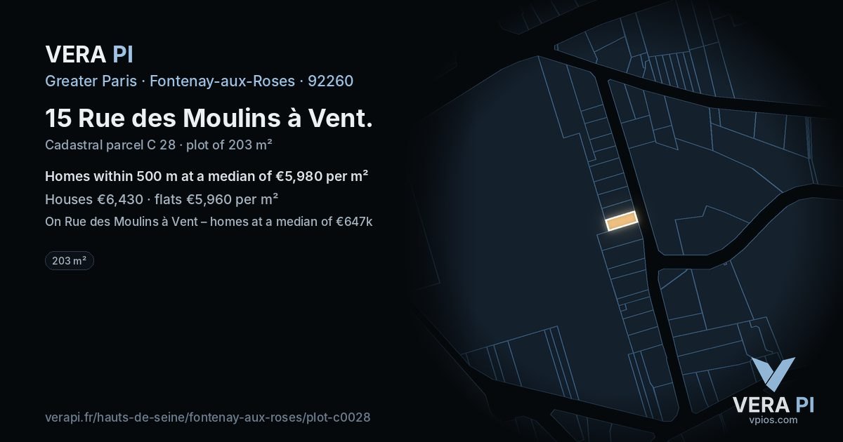 15 Rue des Moulins à Vent, Fontenay-aux-Roses at night – the plot lit, the parcels around coloured by the prices near them