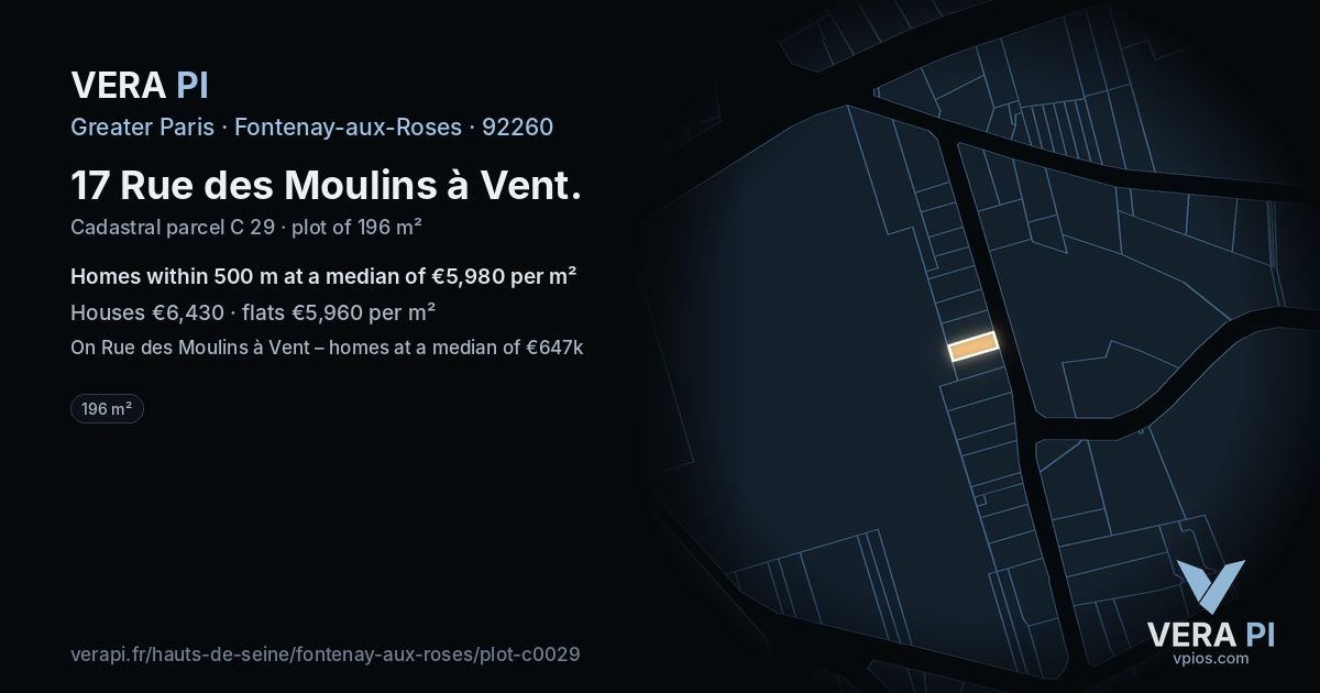 17 Rue des Moulins à Vent, Fontenay-aux-Roses at night – the plot lit, the parcels around coloured by the prices near them