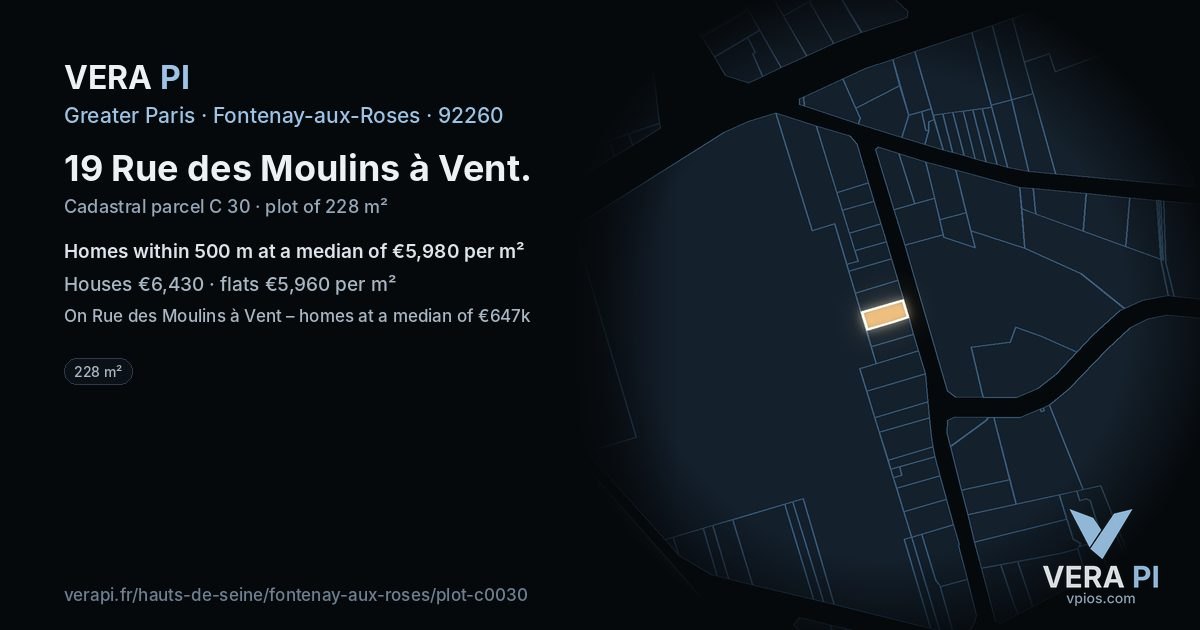 19 Rue des Moulins à Vent, Fontenay-aux-Roses at night – the plot lit, the parcels around coloured by the prices near them