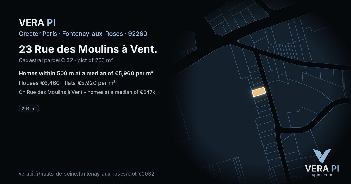 23 Rue des Moulins à Vent, Fontenay-aux-Roses at night – the plot lit, the parcels around coloured by the prices near them