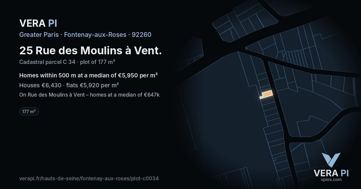 25 Rue des Moulins à Vent, Fontenay-aux-Roses at night – the plot lit, the parcels around coloured by the prices near them