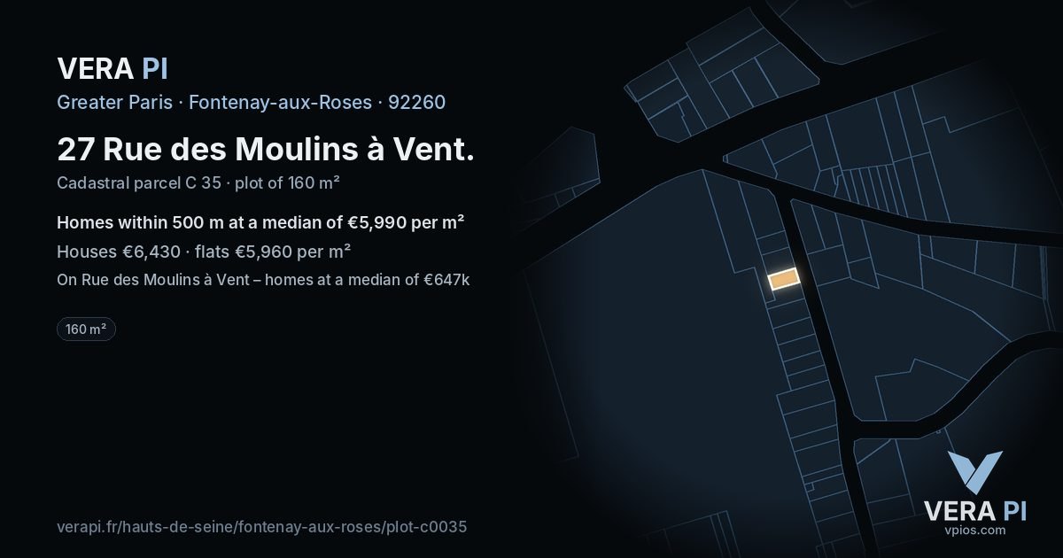27 Rue des Moulins à Vent, Fontenay-aux-Roses at night – the plot lit, the parcels around coloured by the prices near them