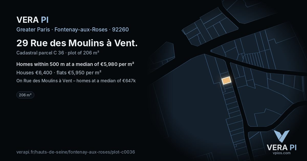 29 Rue des Moulins à Vent, Fontenay-aux-Roses at night – the plot lit, the parcels around coloured by the prices near them