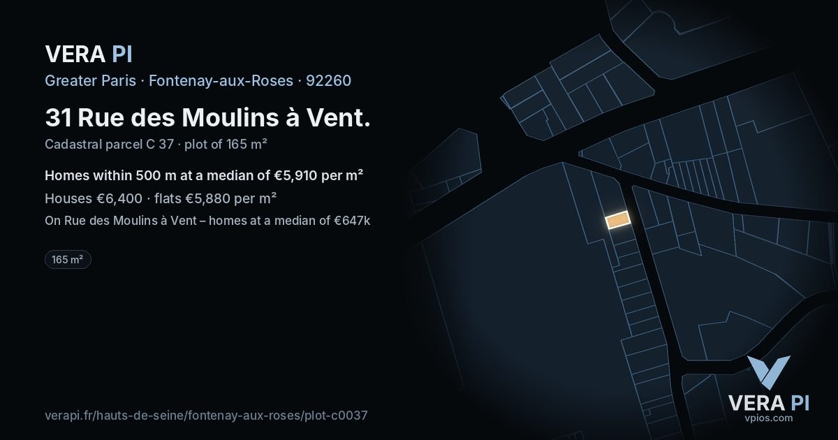31 Rue des Moulins à Vent, Fontenay-aux-Roses at night – the plot lit, the parcels around coloured by the prices near them