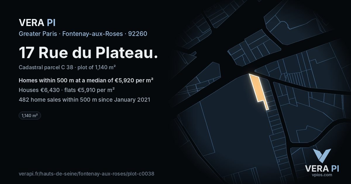 17 Rue du Plateau, Fontenay-aux-Roses at night – the plot lit, the parcels around coloured by the prices near them