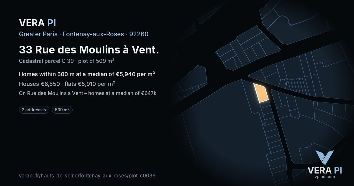 33 Rue des Moulins à Vent, Fontenay-aux-Roses at night – the plot lit, the parcels around coloured by the prices near them