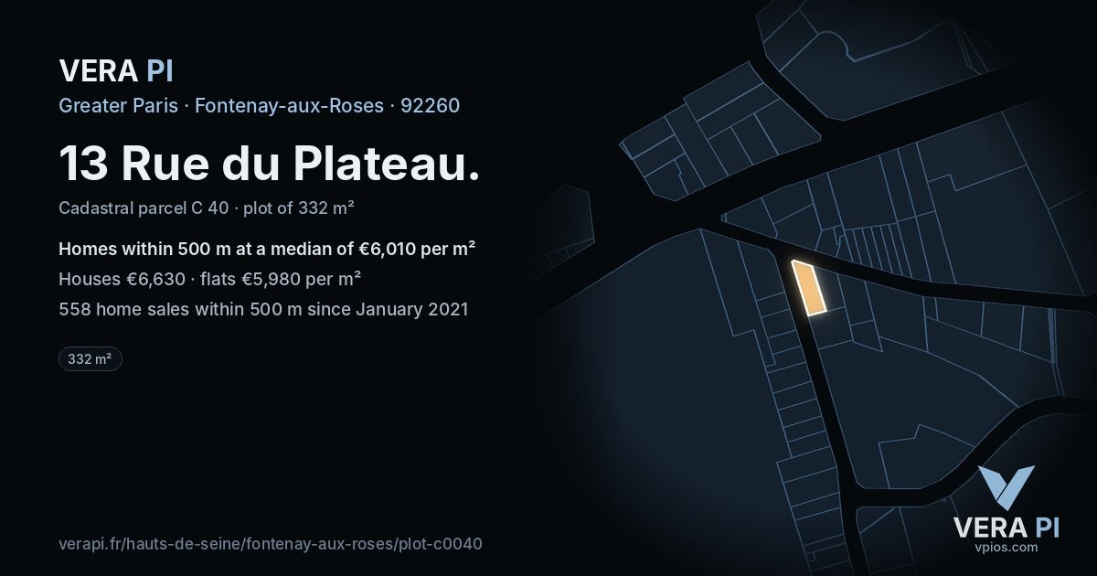 13 Rue du Plateau, Fontenay-aux-Roses at night – the plot lit, the parcels around coloured by the prices near them