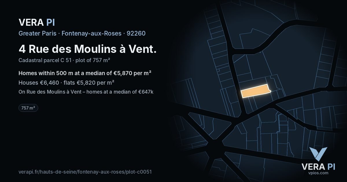4 Rue des Moulins à Vent, Fontenay-aux-Roses at night – the plot lit, the parcels around coloured by the prices near them