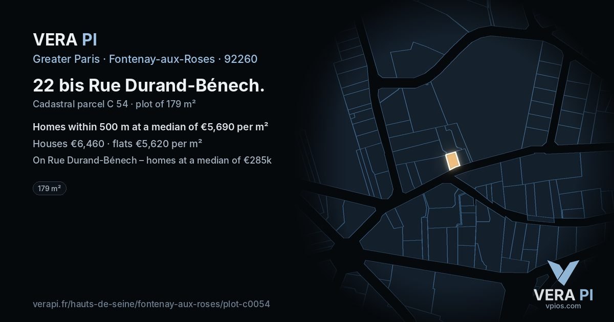 22 bis Rue Durand-Bénech, Fontenay-aux-Roses at night – the plot lit, the parcels around coloured by the prices near them