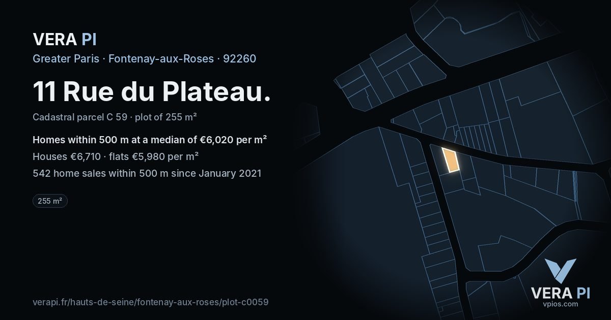 11 Rue du Plateau, Fontenay-aux-Roses at night – the plot lit, the parcels around coloured by the prices near them