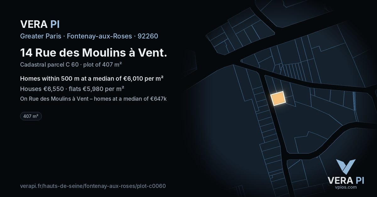 14 Rue des Moulins à Vent, Fontenay-aux-Roses at night – the plot lit, the parcels around coloured by the prices near them