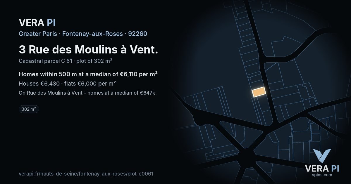 3 Rue des Moulins à Vent, Fontenay-aux-Roses at night – the plot lit, the parcels around coloured by the prices near them