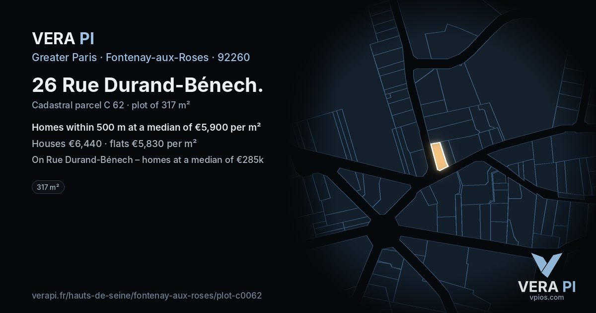 26 Rue Durand-Bénech, Fontenay-aux-Roses at night – the plot lit, the parcels around coloured by the prices near them