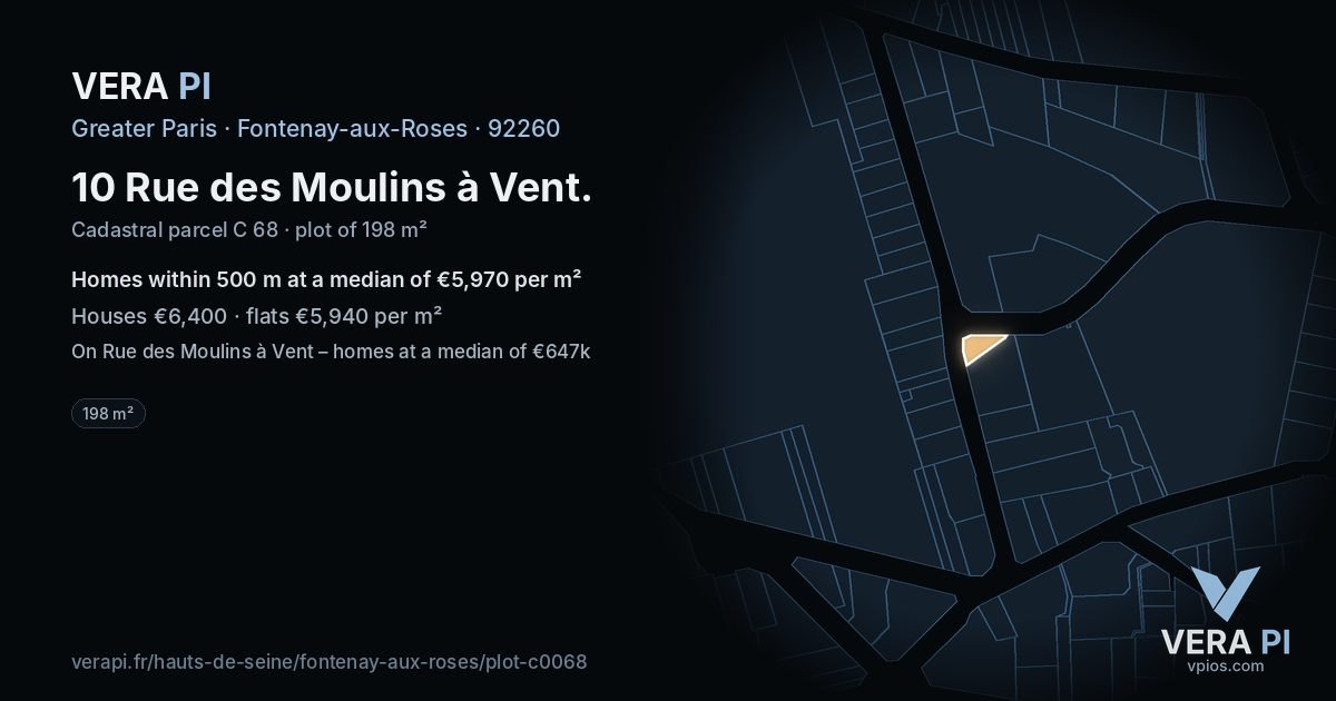 10 Rue des Moulins à Vent, Fontenay-aux-Roses at night – the plot lit, the parcels around coloured by the prices near them