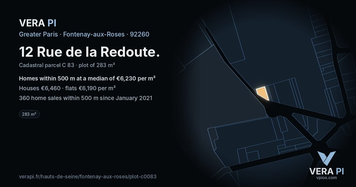 12 Rue de la Redoute, Fontenay-aux-Roses at night – the plot lit, the parcels around coloured by the prices near them