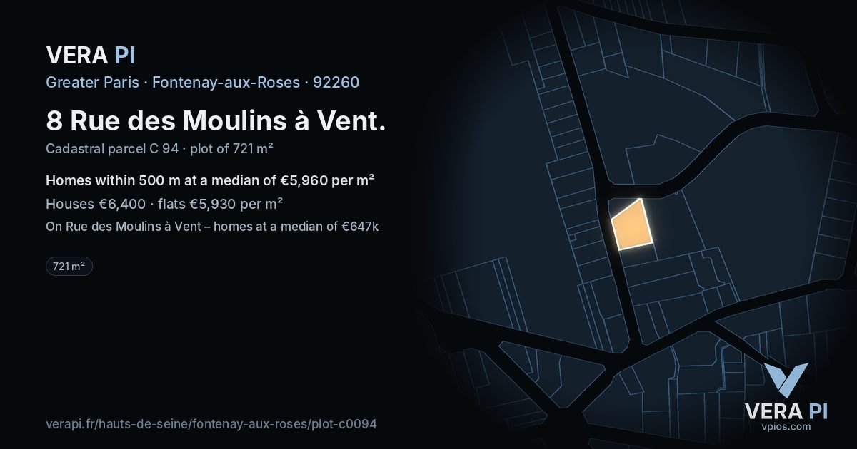 8 Rue des Moulins à Vent, Fontenay-aux-Roses at night – the plot lit, the parcels around coloured by the prices near them