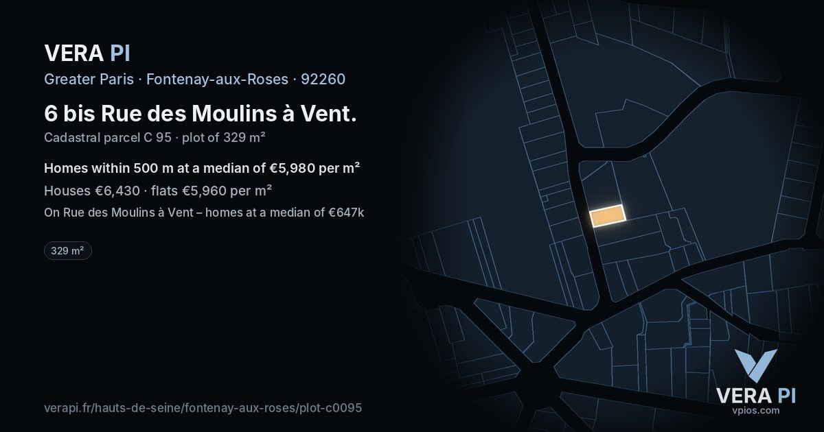 6 bis Rue des Moulins à Vent, Fontenay-aux-Roses at night – the plot lit, the parcels around coloured by the prices near them