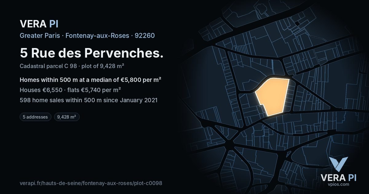 5 Rue des Pervenches, Fontenay-aux-Roses at night – the plot lit, the parcels around coloured by the prices near them
