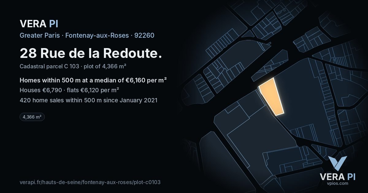 28 Rue de la Redoute, Fontenay-aux-Roses at night – the plot lit, the parcels around coloured by the prices near them