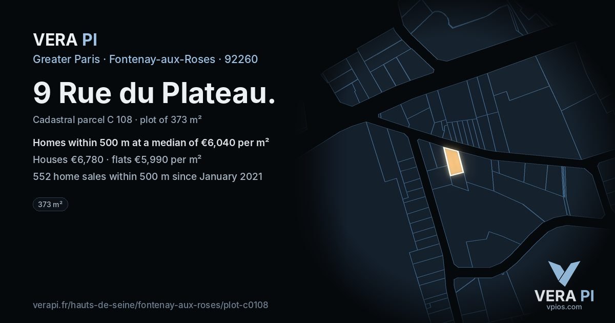9 Rue du Plateau, Fontenay-aux-Roses at night – the plot lit, the parcels around coloured by the prices near them
