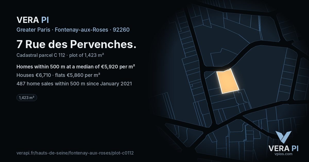 7 Rue des Pervenches, Fontenay-aux-Roses at night – the plot lit, the parcels around coloured by the prices near them