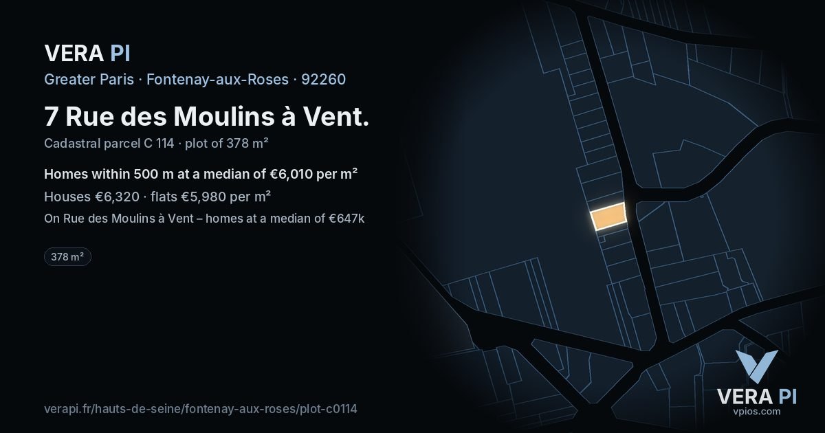 7 Rue des Moulins à Vent, Fontenay-aux-Roses at night – the plot lit, the parcels around coloured by the prices near them