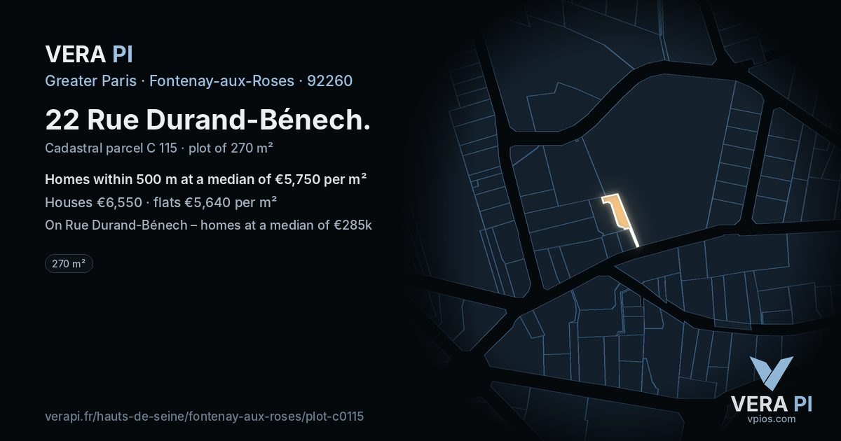 22 Rue Durand-Bénech, Fontenay-aux-Roses at night – the plot lit, the parcels around coloured by the prices near them